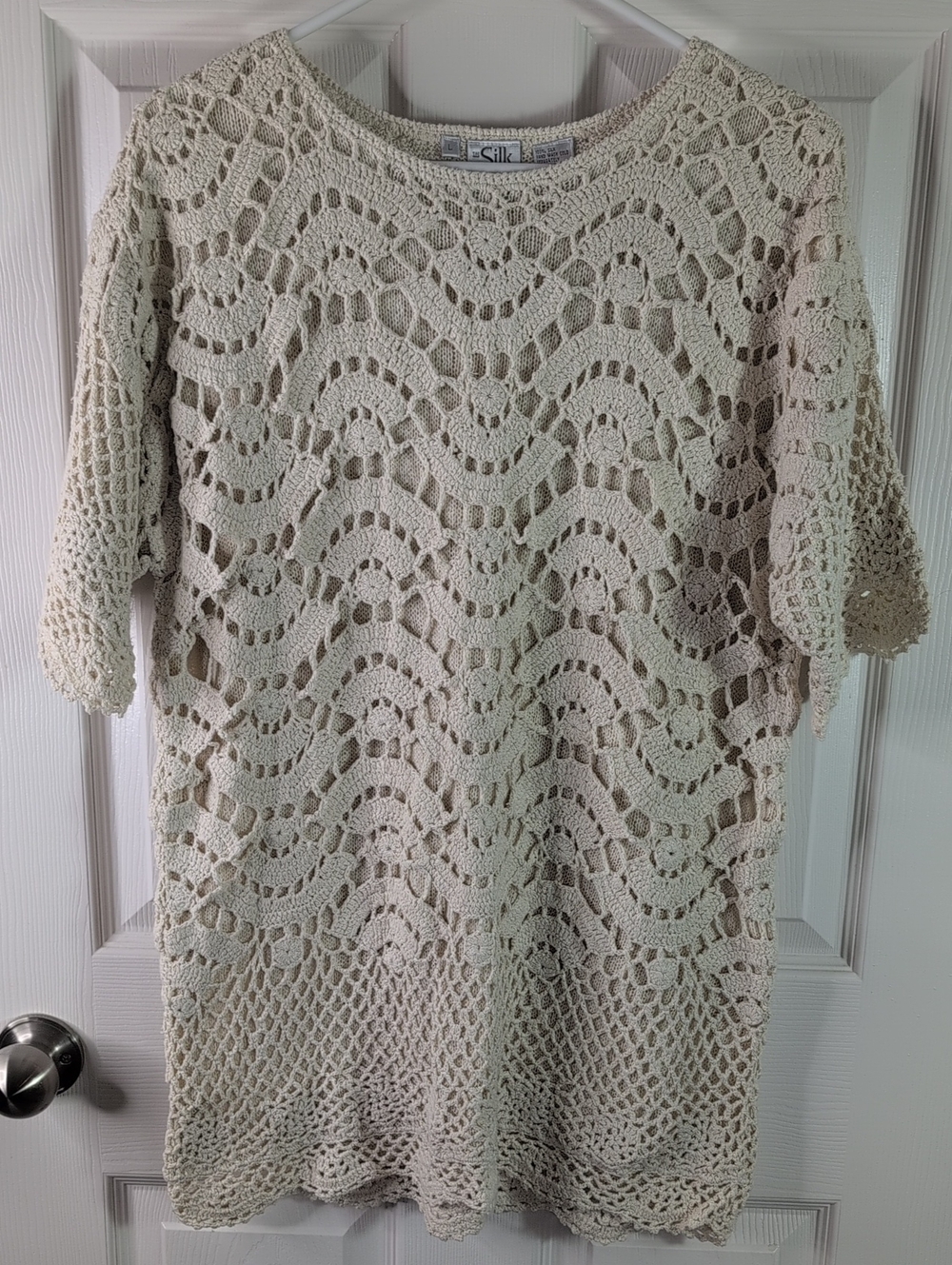 Openwork Crochet Tunic Top in Cream by The Silk Collection Size L